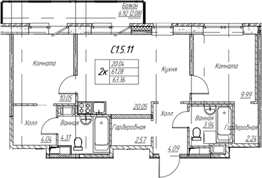 2-комнатная квартира 63.36 м², 5/22 эт., ЖК «Парк-квартал Юнтолово»